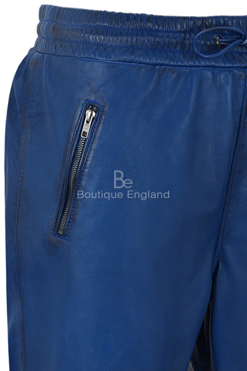 Herren Echtleder Hose Blau Napa Sweat Track Hose Reißverschluss