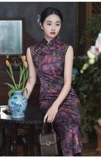 Purple Butterfly Print Sleeveless Qipao Cheongsam Dress