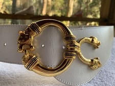 French Leather Corset Belt Womens Small/Medium Chunky Goldtone Jaguar Panther