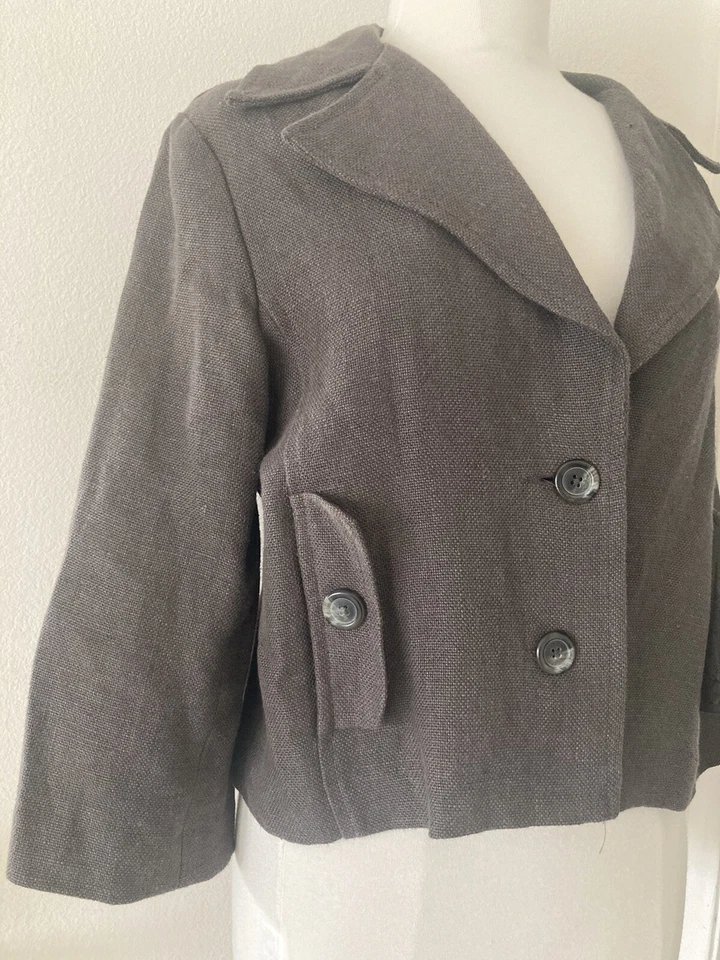 CAbi size 8 Linen short jacket gray/brown casual side pockets notch collar NEW - Image 2 of 4