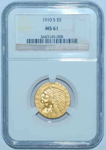 1910 S NGC MS61 Indian Head Gold $5 Half Eagle