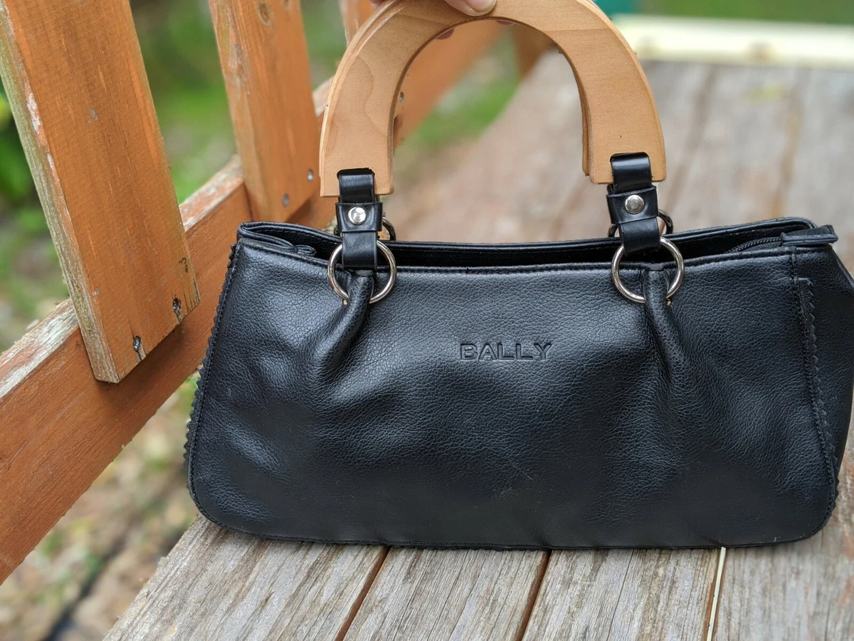 Vintage BALLY Black Wooden Wood Handles Baguette Satchel Leather