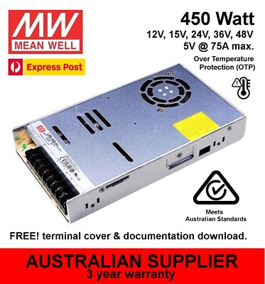 MeanWell LRS-450 Power Supply 450W, 120/240VAC to 5V 12V 15V 24V 36V 48V DC