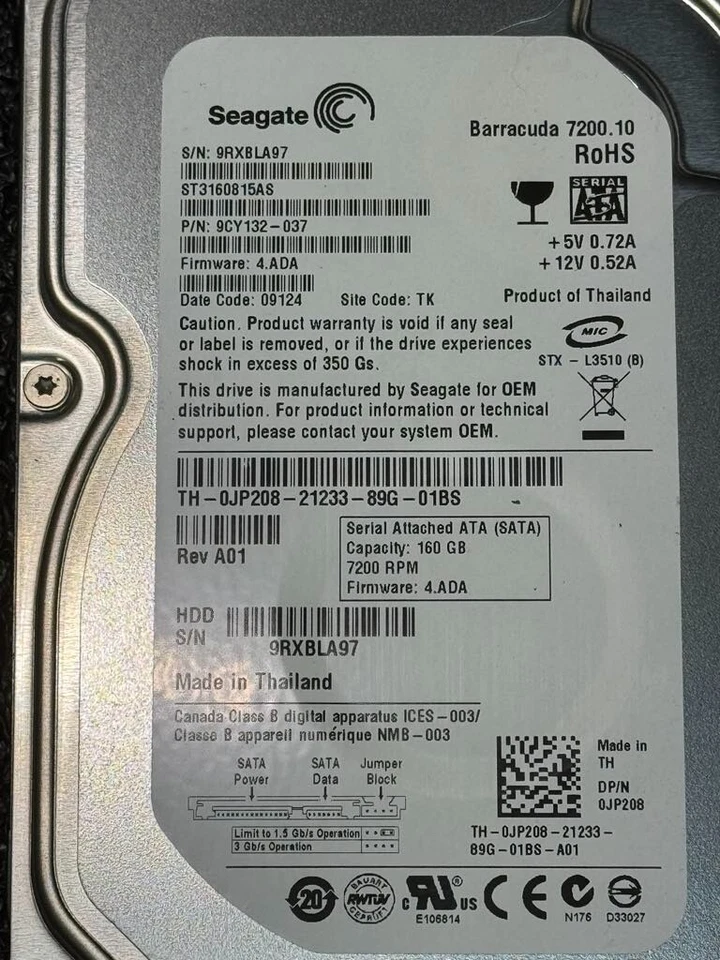 Dell JP208 ST3160815AS 160GB 7.2K RPM 8MB FW KC4.ADA DC 09124 3Gbps HDD SATA3.5" - Image 3 of 4