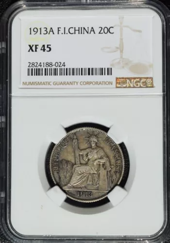 1913 A French Indo China 20 Cents, NGC XF 45, Scarce Date, Cochin, Vietnam 