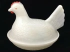 Vtg Hen On Nest White Milk Glass Red Comb Eye Wattle HON 5 x 3.75 Inches