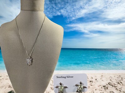 Sterling Silver Fire White Iridescent Opal Sea Turtle Pendant And Earrings