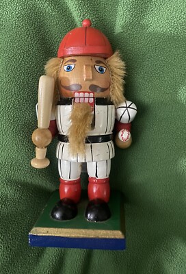 Baseball Wooden Nutcracker . Red SockHat Lions Mane. White Blue Striped Shirt 6 