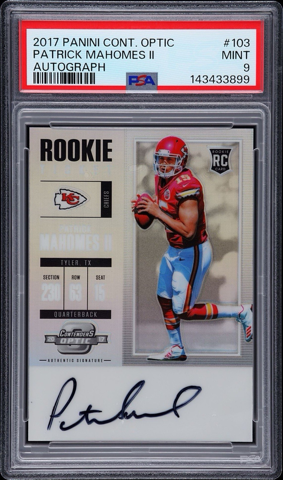 2017 Panini Contenders Optic Patrick Mahomes RC Auto Rookie Ticket #103 PSA 9