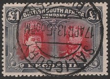 RHODESIA 1910 KGV Double Head £1 carmine-red & bluish-black, perf 14. Scott 118.