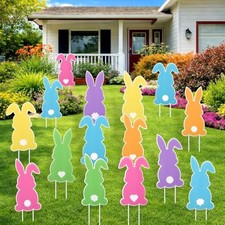 12 Pcs Easter Yard Outdoor Decoration Bunny Signs with Stakes Large Size Waterpr
