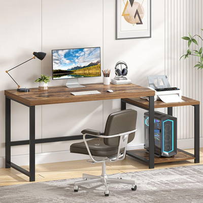Rustic 63'' Large Computer Desk with Printer Space & Storage Shelves