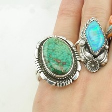 Native American Sterling Silver Ring Green Turquoise Oval Waterweb Size 6 1/2