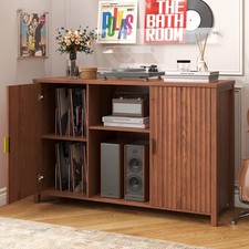 Fluted Vinyl Record Player Stand, 47.2" Large Storage Turntable Media Cabinet US