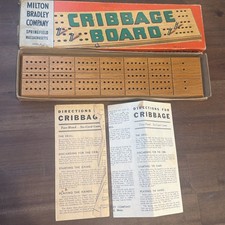 Milton Bradley Company Cribbage Board Wooden w/ Metal Pegs Original Box ANTIQUE