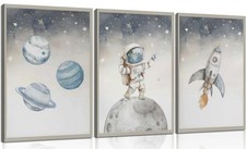 3Pcs Nursery Astronaut Wall Art Kid Space Adventure Canvas Prints Rocket Spac...