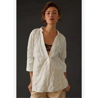 Anthropologie White Textured 3/4 Sleeve Tunic Top 1X Cotton Blend Relaxed Fit