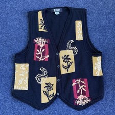 Vintage Modiano Sweater Vest Womens Medium Black Floral Knit Usa Made Colorblock