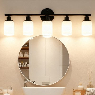 Black Vanity Light 5 Lights Fixtures LED Milky White Shade Bathroom Wall Sconce