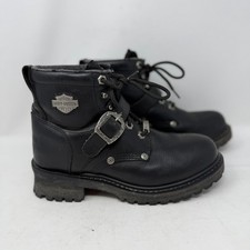 Harley-Davidson Womens Black Leather Biker Boots Buckle Lace Up Moto Lug Sole 8