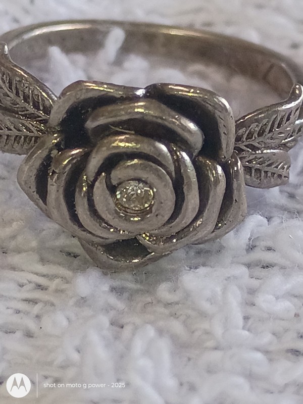 925 Sterling Silver Rose Flower Band Ring w/ Clear Round Diamond Size 7 Signed