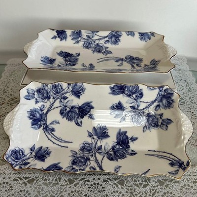 [Near Mint] Aynsley Elizabeth Rose Blue Sandwich Tray Set of 2 From Japan