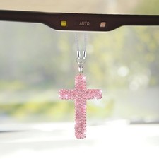 Bling Cross Car Hanging Ornament Crystal Rhinestone Car Rearview Mirror Pink