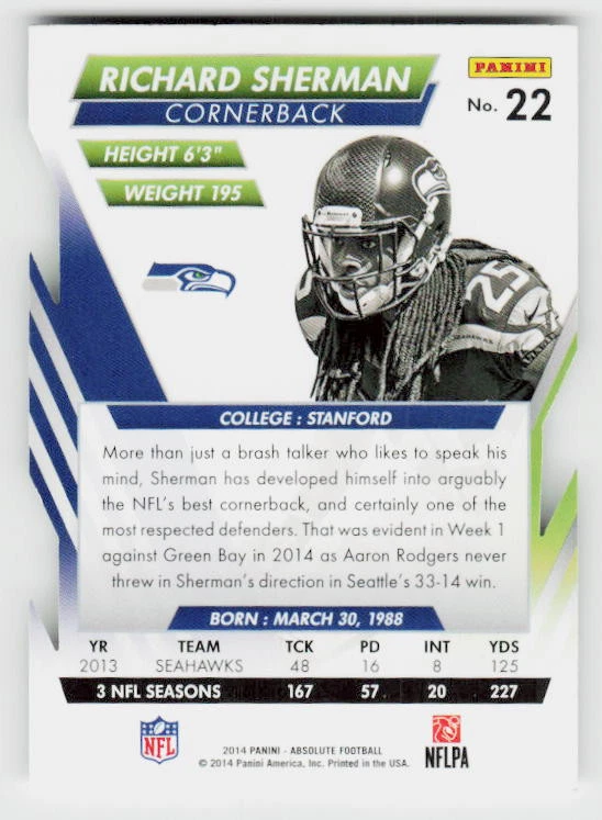 2014 Panini Absolute #22 Richard Sherman Retail - Image 2 of 2