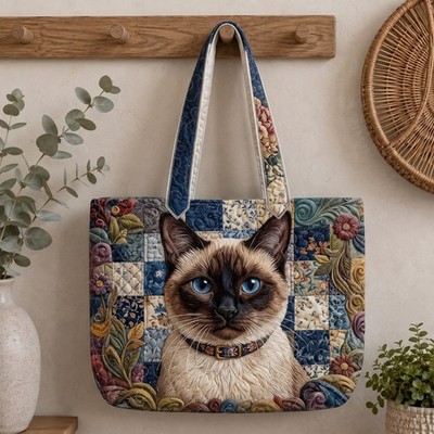Siamese Cat Quilted Tote Bag Vintage Patchwork Blue Eyed Kitten Pet Lover Should