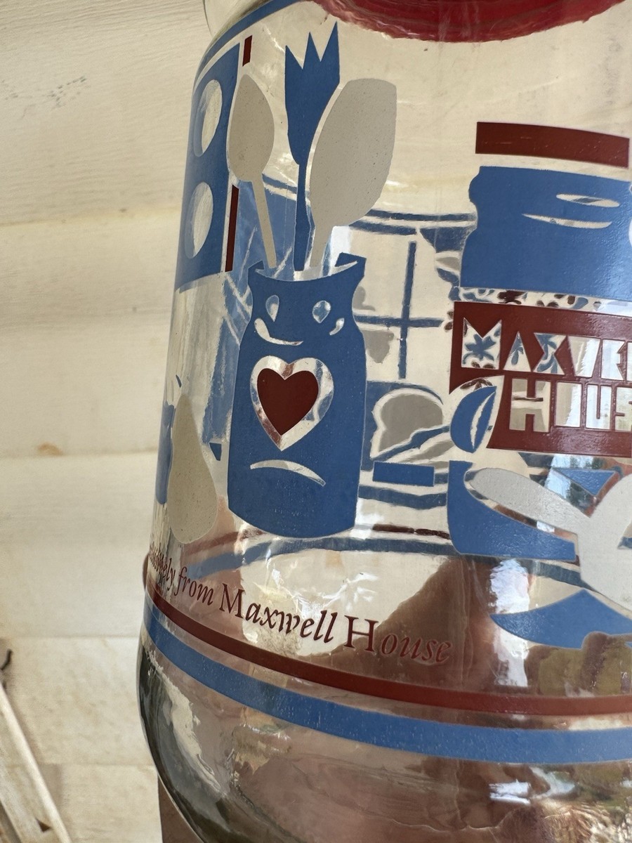 Vintage 70s Maxwell House Coffee Glass Jar/Canister Red/Blue