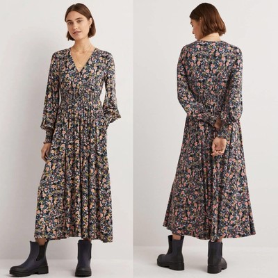 Boden Smocked Jersey Midi Dress Floral Grey Sz 12 Long Sleeve boho cottage core