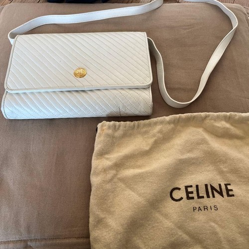 CELINE White Quilted Shoulder Bag Vintage Leather From Japan