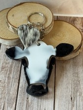 Keychain Black and White Resin Cow Key Ring With A Leather Heart Charm