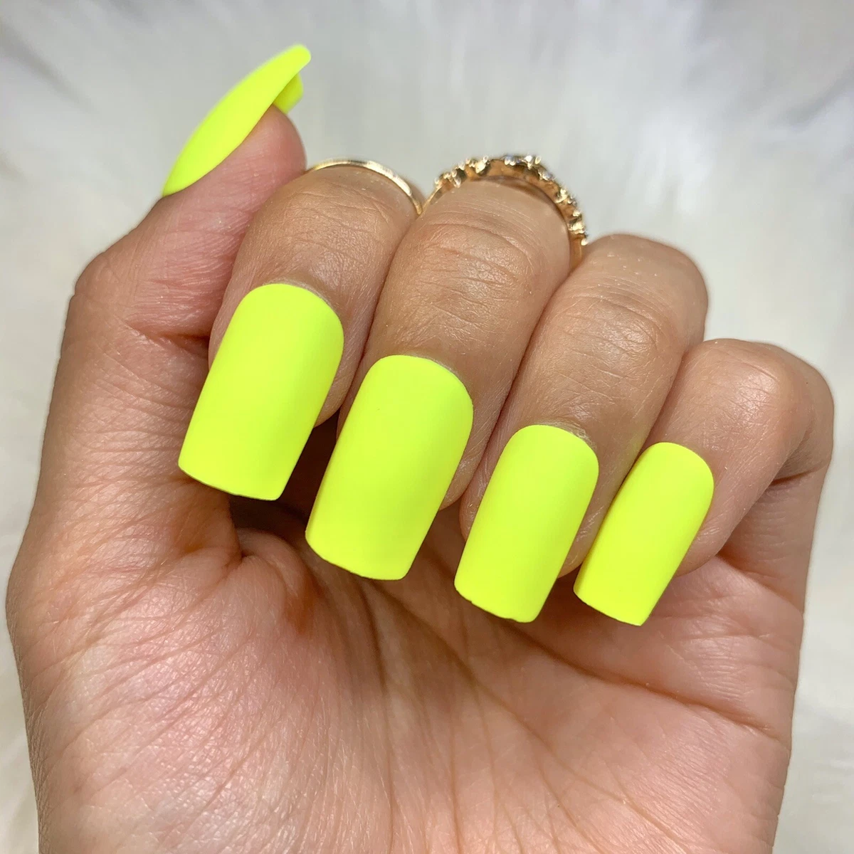 Neon Yellow Square Press On Nails Fake Medium Nail False Fashion