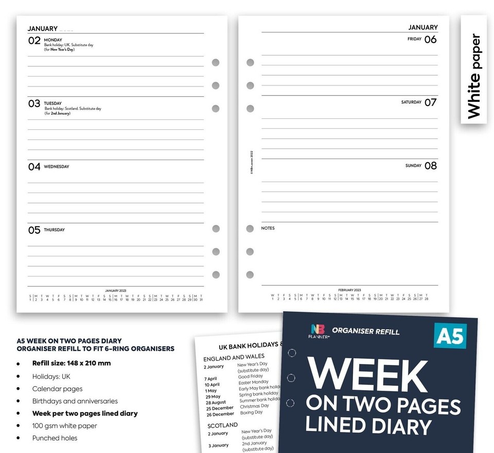 2026 2027 2028 Week on two pages lined diary refill Filofax A5 ...