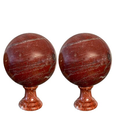 Pair of Red Marble Spheres with Sphere Holder Table Sculpture Ø14cm