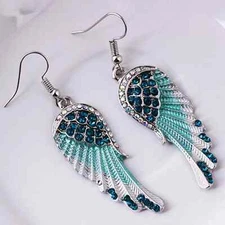 Divine Angel Wings Teal Dangle Earrings, Stylish Crystal Sparkle, Blue/Green