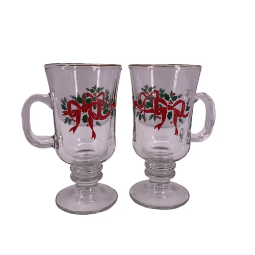Irish Coffee Mugs Set of 2 Christmas Pedestal Glass Holly Berry Ribbon Gold Trim