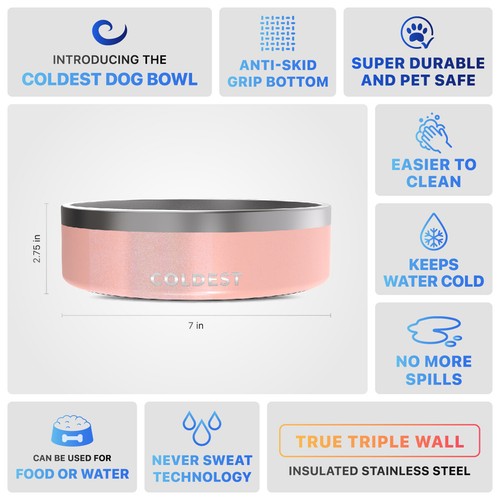 Coldest 42oz Dog Bowl - Stainless Steel Non Slip Dog Bowls, Cats, Pet Feeding - Picture 32 of 153