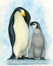 Penguins, Mother and Baby Wildlife PRINT from an Original Watercolour Painting