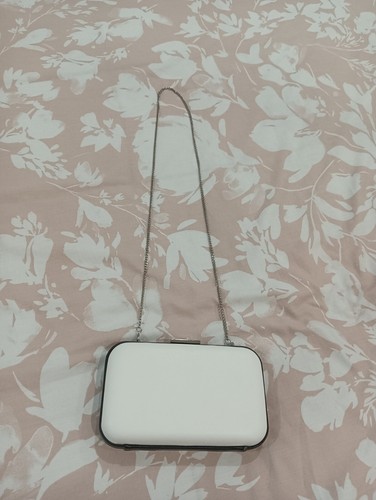 Olga Berg White with Black Trim Clutch with Detachable Silver Chain Strap - Picture 2 of 13