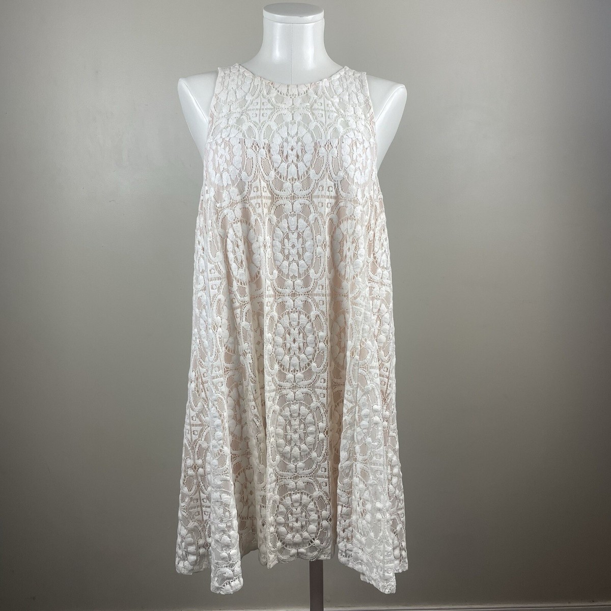 Free People Bohemian Cream Mini Dress with White Lace Overlay Size Medium |  eBay
