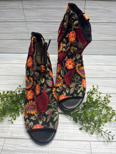 Crown Vintage FRANKIE Floral Embroidered Open Toe Booties Size 8.5M Black Boho - 第 2/5 張圖片