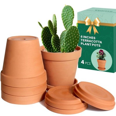 6 Inch Terracotta & Clay Pots for Plant with Saucer - 4 Pack Medium Terra Cot...