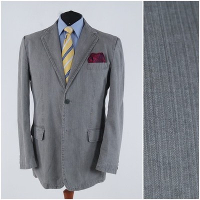 Mens Travel Blazer 46L US Size ENGBERS Herringbone Grey Cotton Sport Coat Jacket