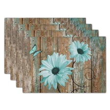 Giwawa Rustic Daisy Placemats Set of 4- Teal Sunflowers on Vintage Wood Board Li