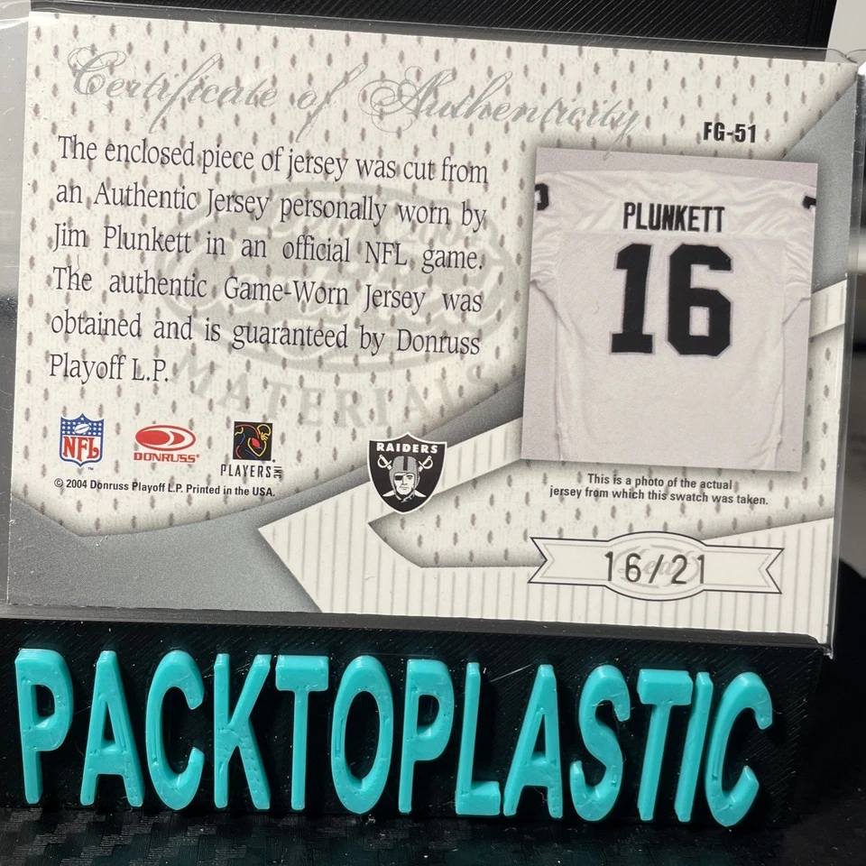 2004 Leaf Certified Materials Fabric of the Game 16/21 Jim Plunkett #FG-51 Rare - Image 2 of 3