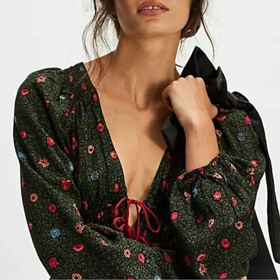 Free People Bohemian Gypsy Tiered Ruffle Maxi Dress Large Witchy Plunge Fall - Image 4 of 4