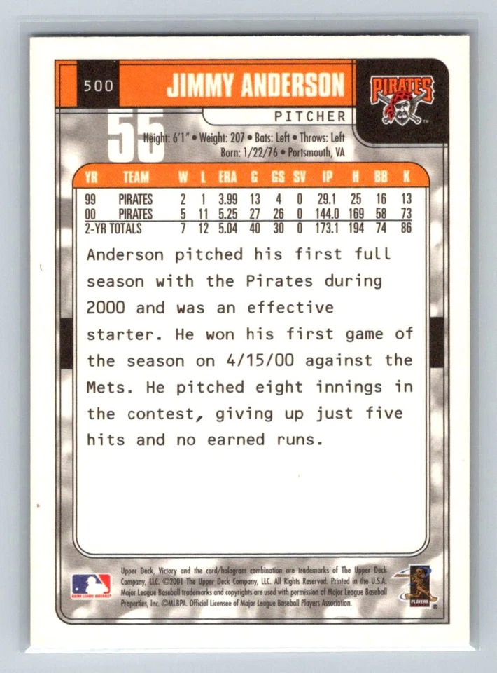 2001 Upper Deck Victory #500 Jimmy Anderson Pittsburgh Pirates Baseball Card - Image 2 of 2