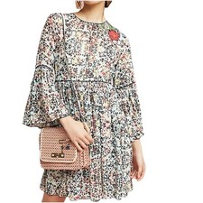 Anthropologie Bhanuni Embroidered Floral Tunic Dress Size 2 Sheer Bell Sleeves